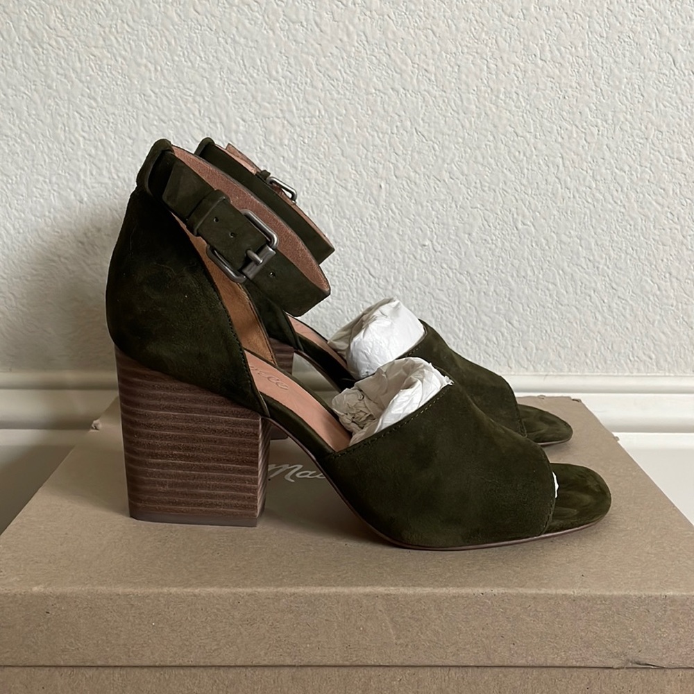 Madewell Green Suede Ankle Strap Open Toe Block Heels